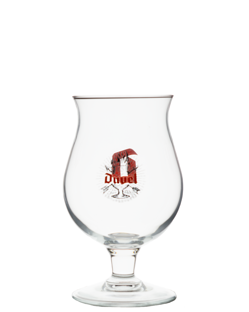 Short-stemmed Duvel tulip glass with a red D on the bowl