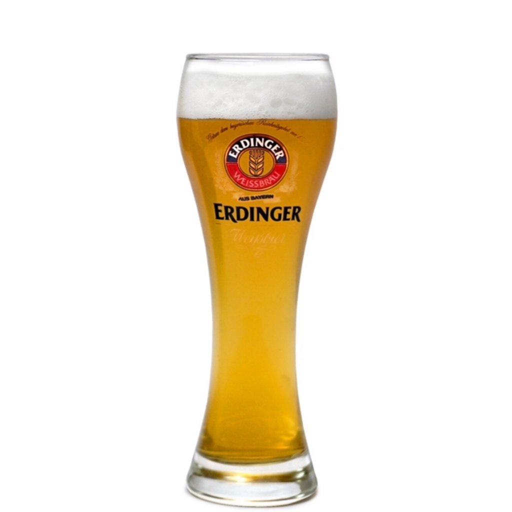 Tall Erdinger Weissbier glass with white and blue branding