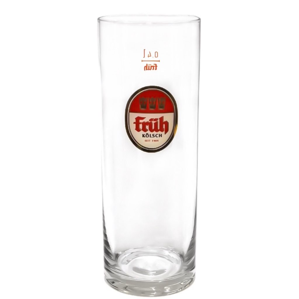 Straight-sided Fruh Kolsch glass with red logo