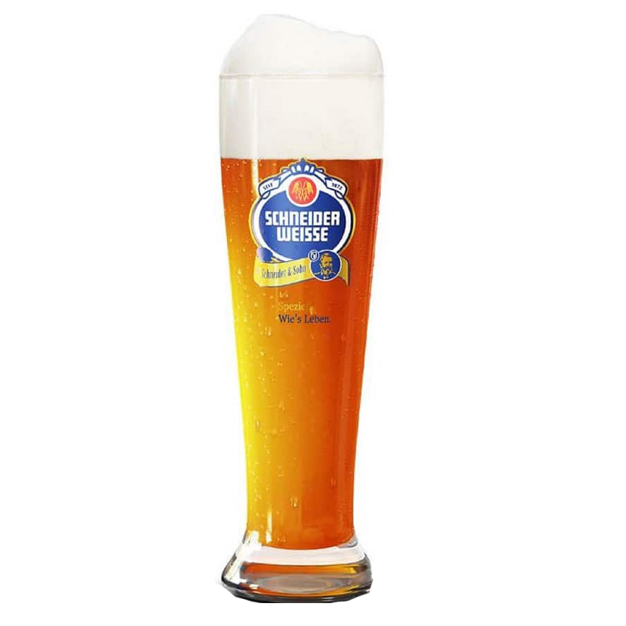 Schneider Weisse wheat beer glass with dark blue print