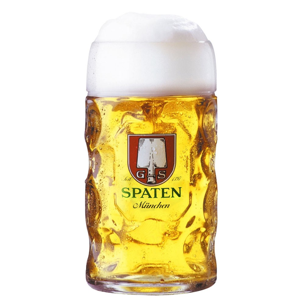 Dimpled one-litre Spaten Munchen Masskrug with blue print