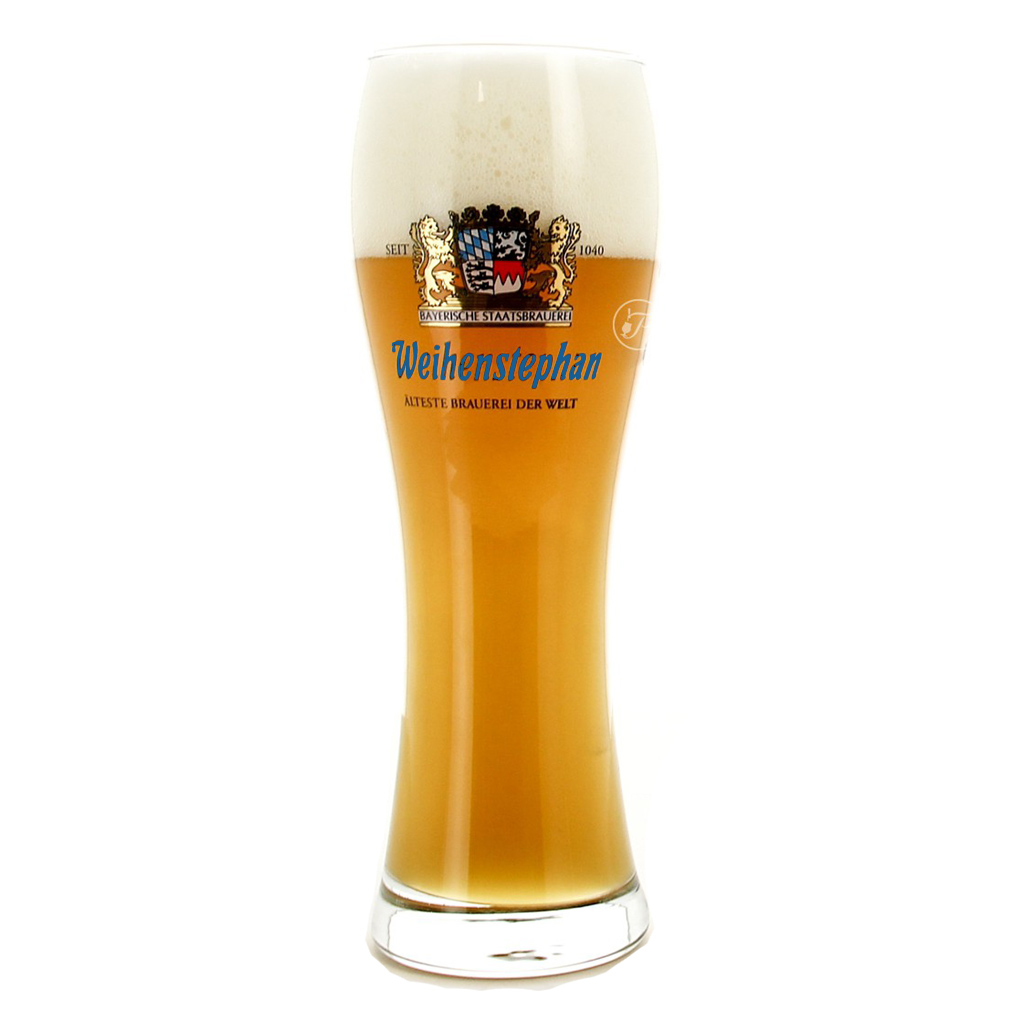 Tall Weihenstephaner wheat beer glass with blue and white brewery logo