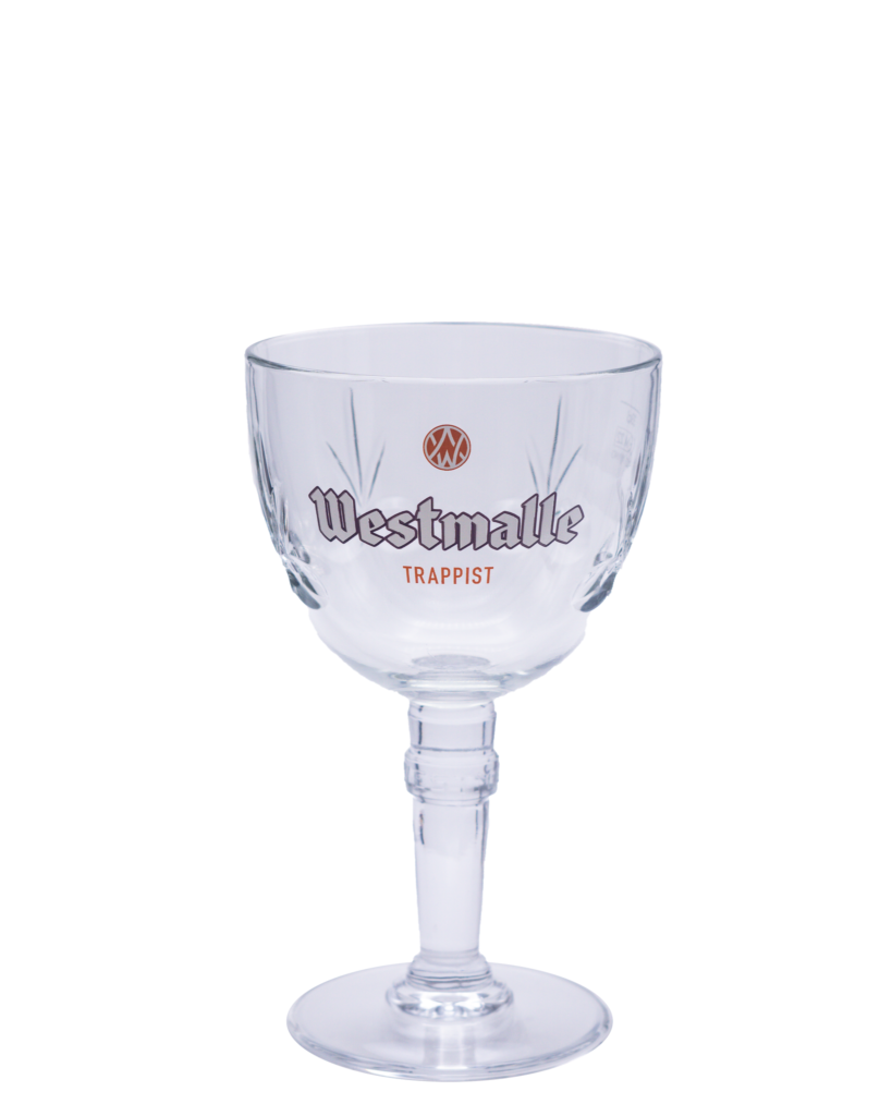 Westmalle trappist chalice with black and gold lettering