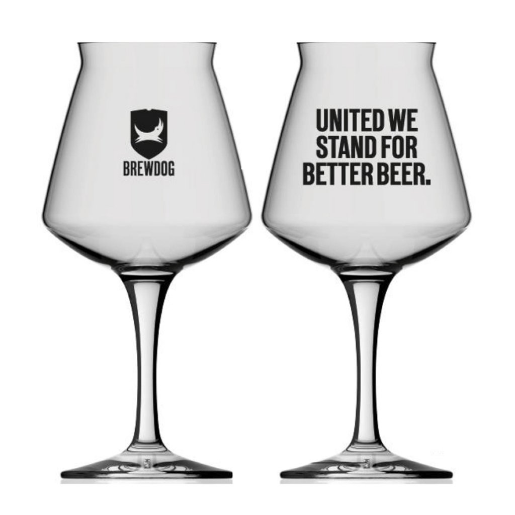 Two views of the stemmed BrewDog Teku glass, logo on one side and slogan on the other