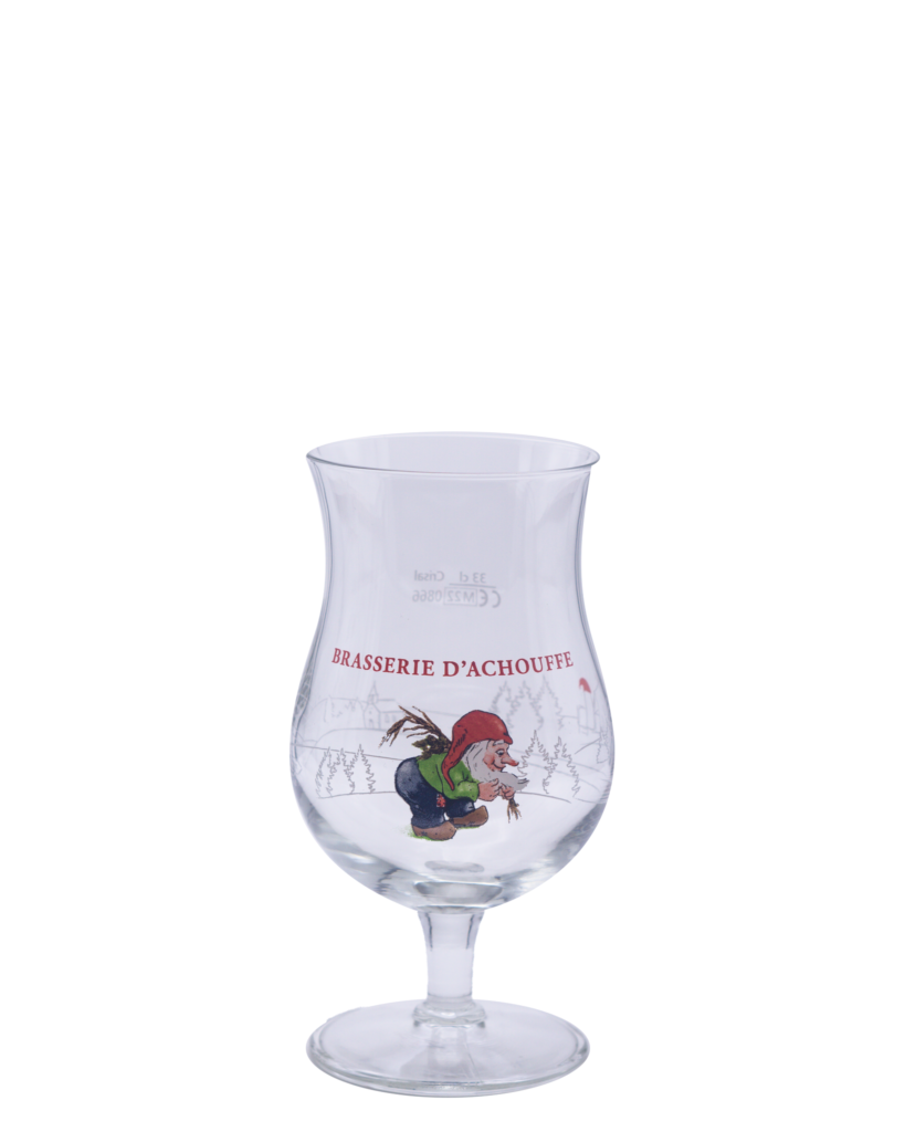 Short-stemmed Chouffe tulip glass printed with the red-hatted Achouffe gnome