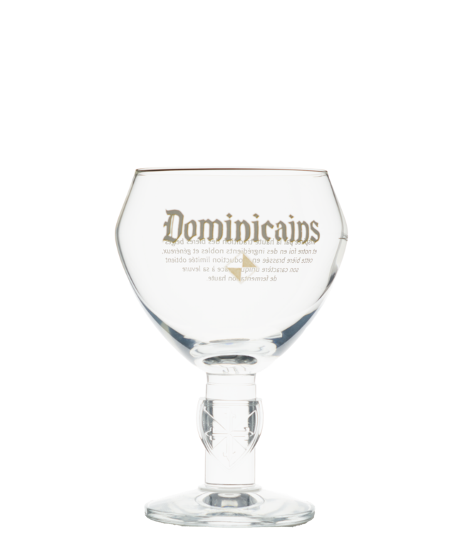 Stemmed Dominicains balloon glass that curves inward at the rim, printed with the gold Dominicains logo