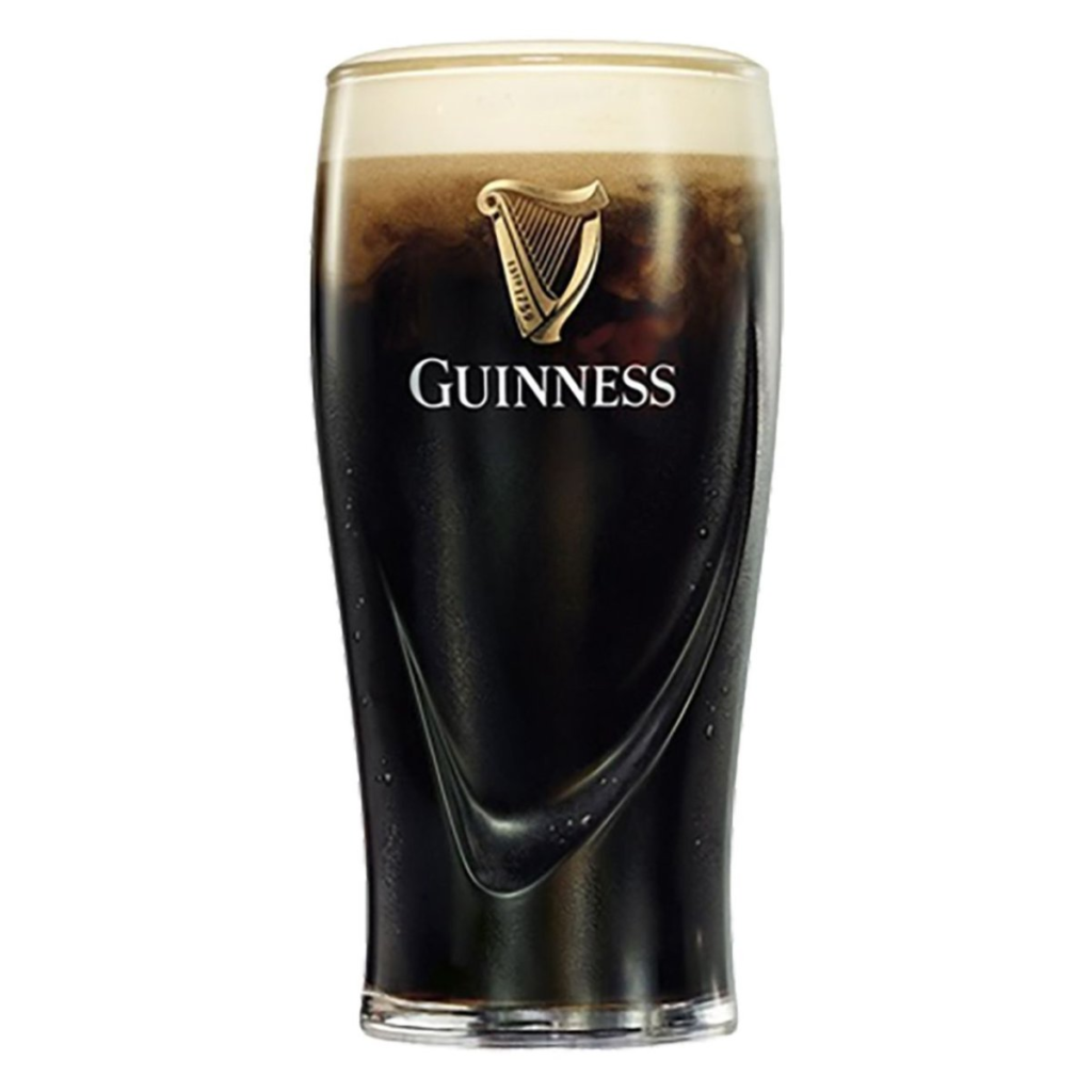 Guinness Relief glass filled with stout, gold harp logo and creamy head