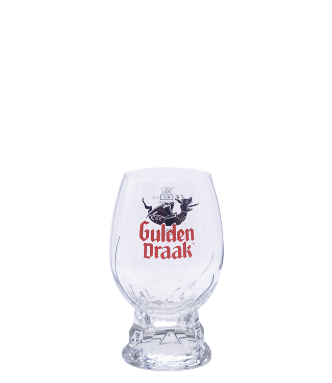 Egg-shaped Gulden Draak glass on a short heavy foot, printed with the red Gulden Draak dragon logo
