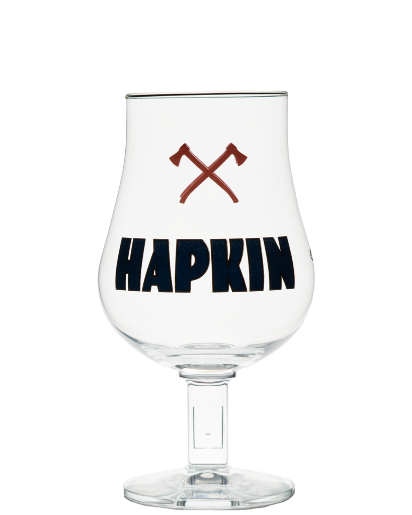 Stemmed Hapkin tulip glass with crossed red axes above the Hapkin name