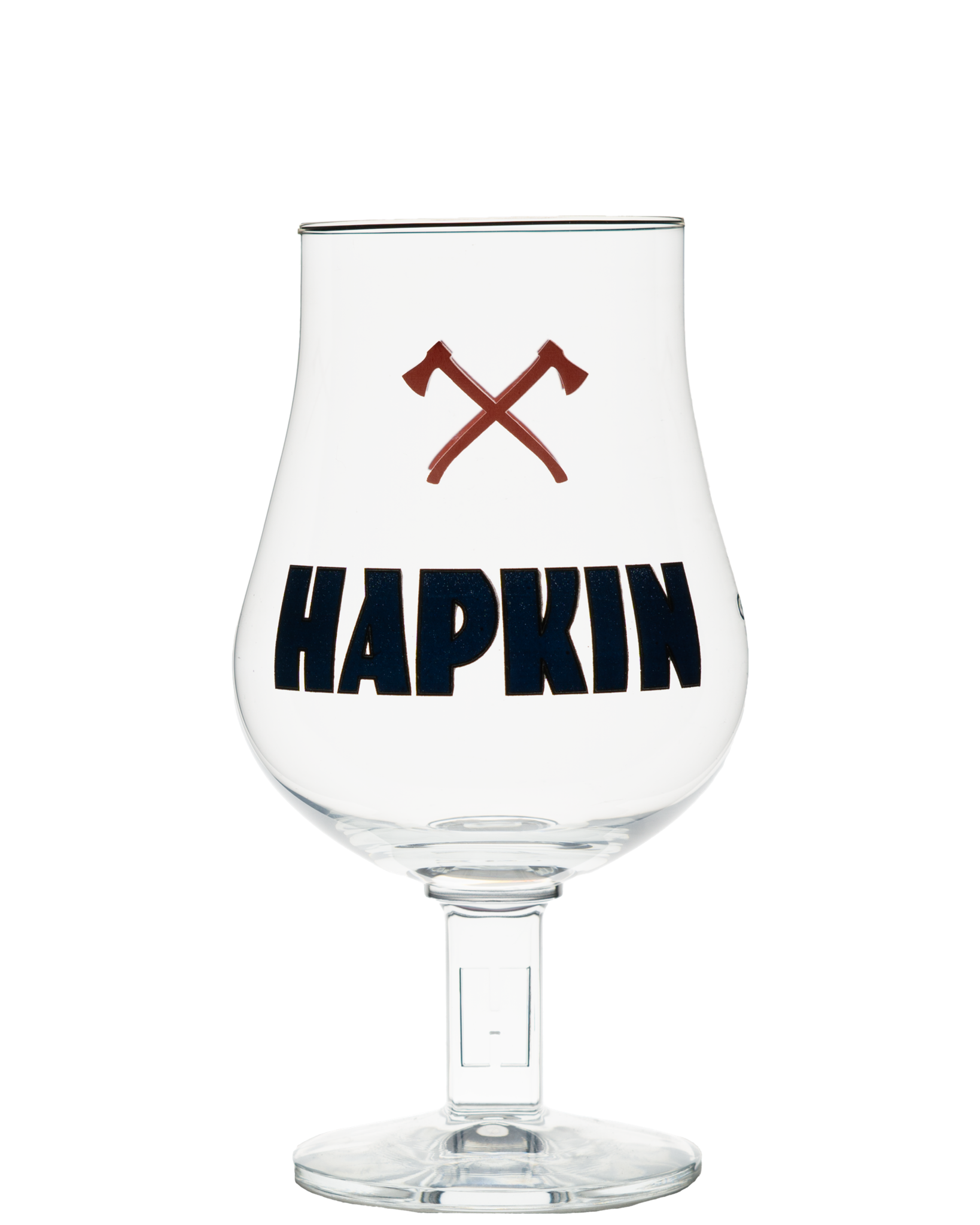 Stemmed Hapkin tulip glass with crossed red axes above the Hapkin name