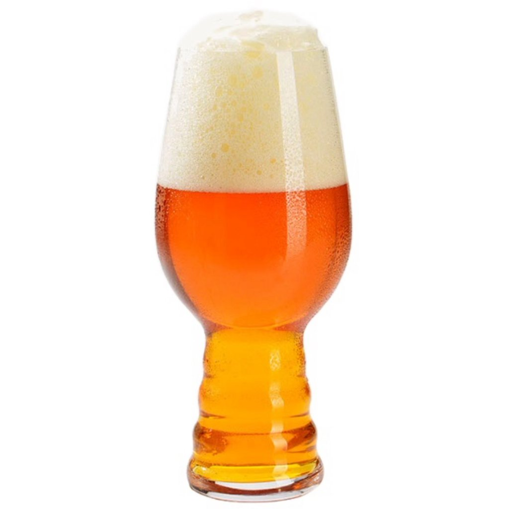 Spiegelau IPA glass with a ridged base, filled with amber IPA and a thick white head