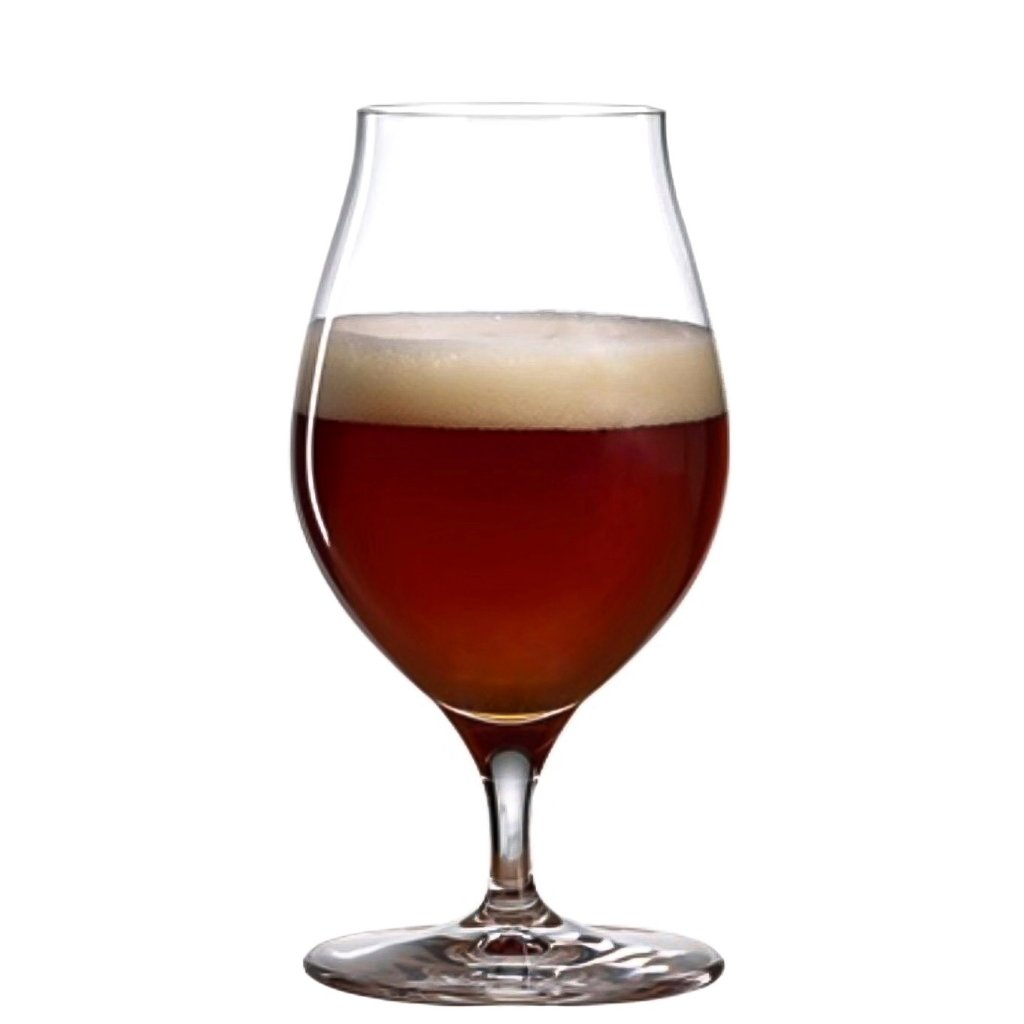 Spiegelau Barrel Aged glass: a stemmed snifter-shaped bowl holding a dark amber beer