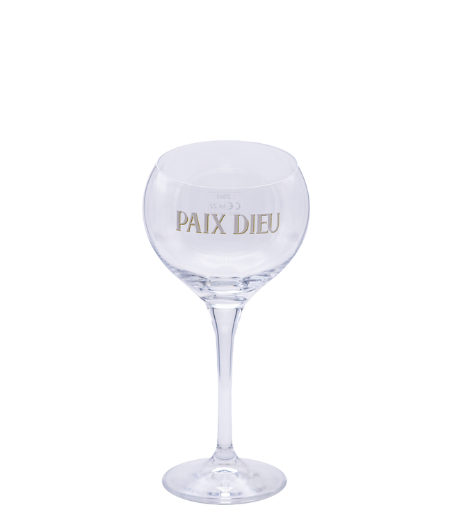 Paix Dieu glass: a large thin balloon bowl on a tall slender stem with the Paix Dieu logo