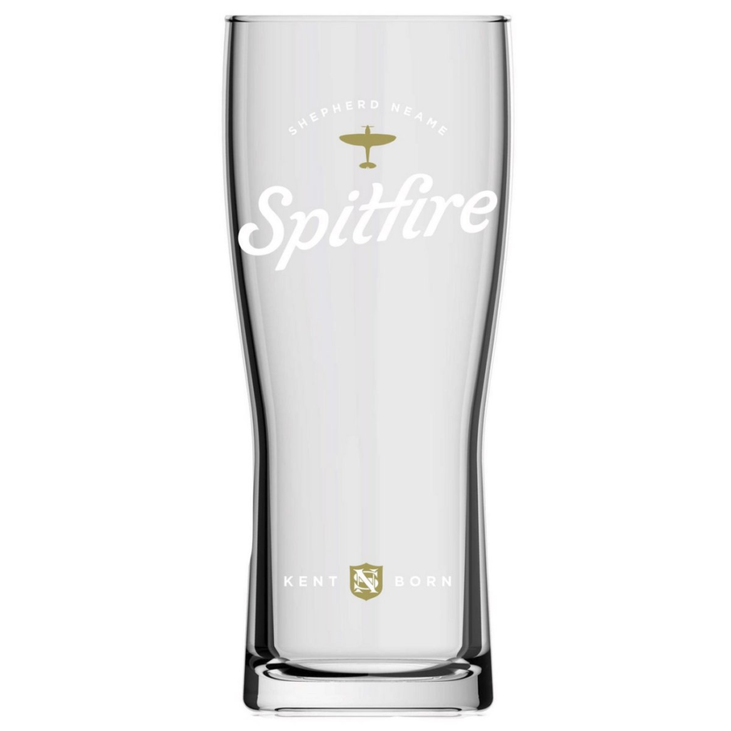 Tall tapered Spitfire pint glass with white Spitfire script and a small aircraft logo